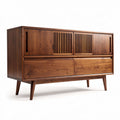 Walnut wood storage cabinet with sliding doors and tapered legs 120 x 45 x 75cm