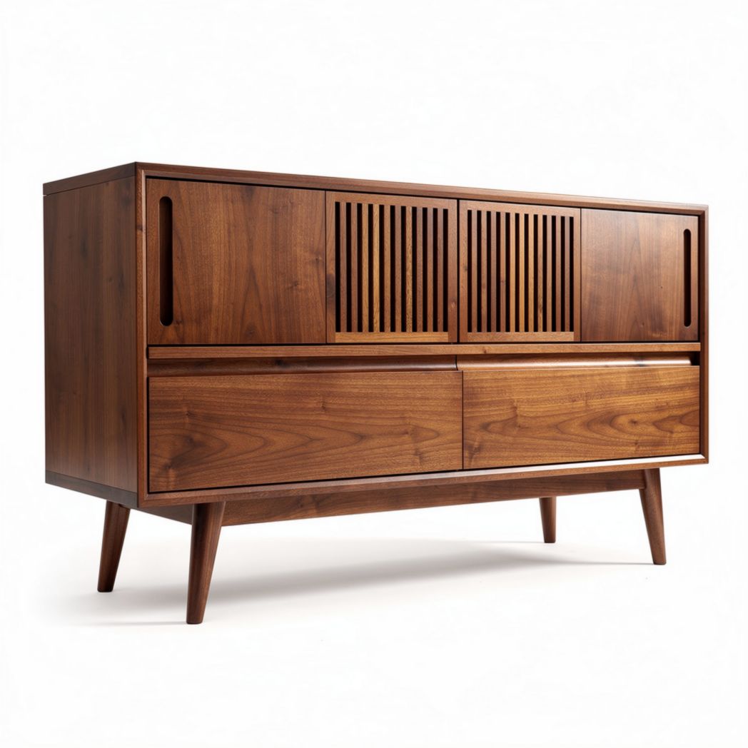 Walnut wood storage cabinet with sliding doors and tapered legs 120 x 45 x 75cm