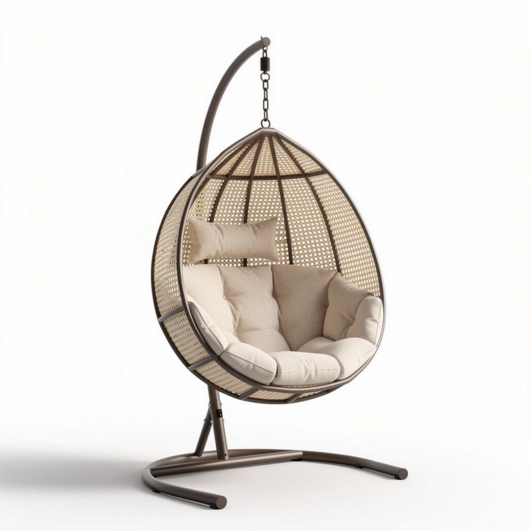 Hanging egg chair with cushion and metal frame for indoor and outdoor use
