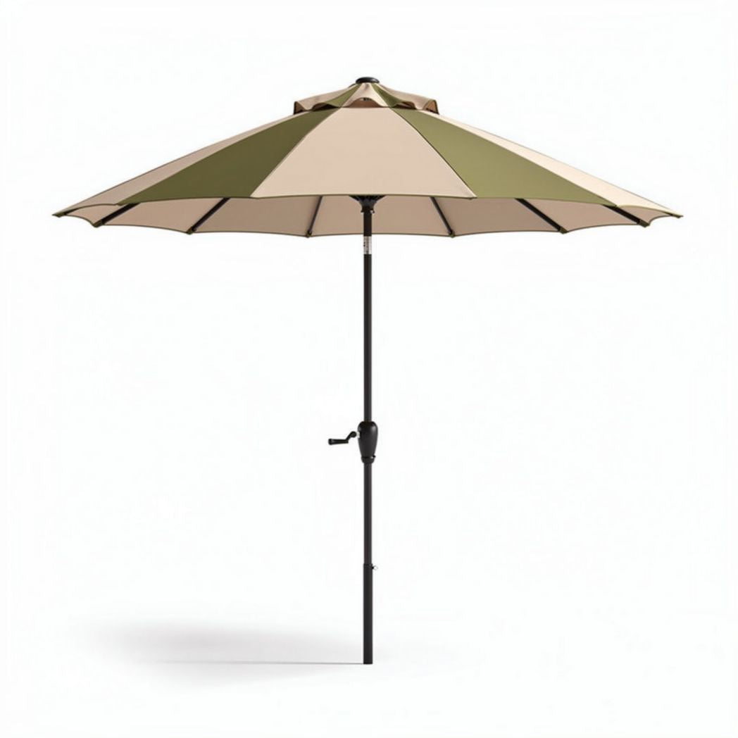 Patio umbrella with adjustable height and dual-tone fabric canopy in tan and green