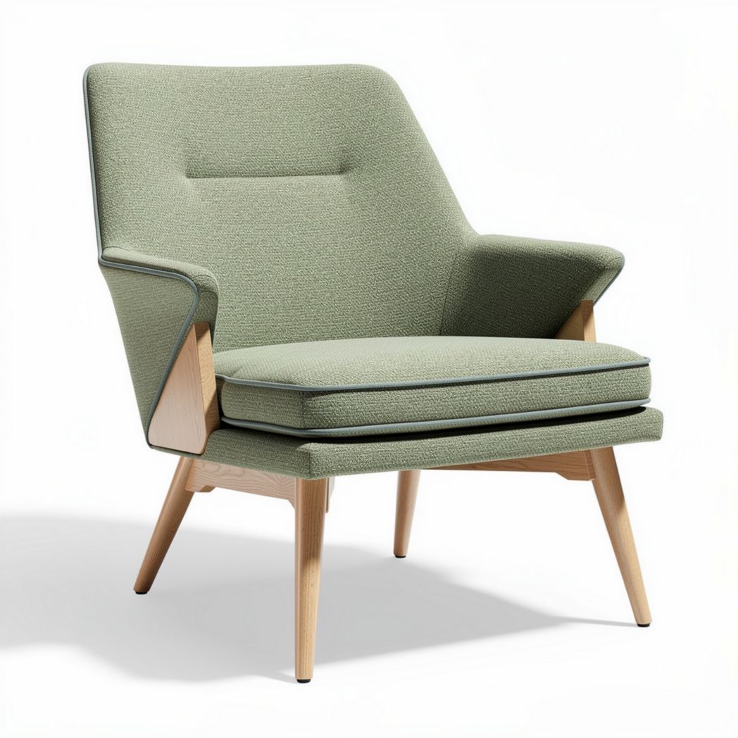 Green upholstered lounge chair with natural wood legs for living room use