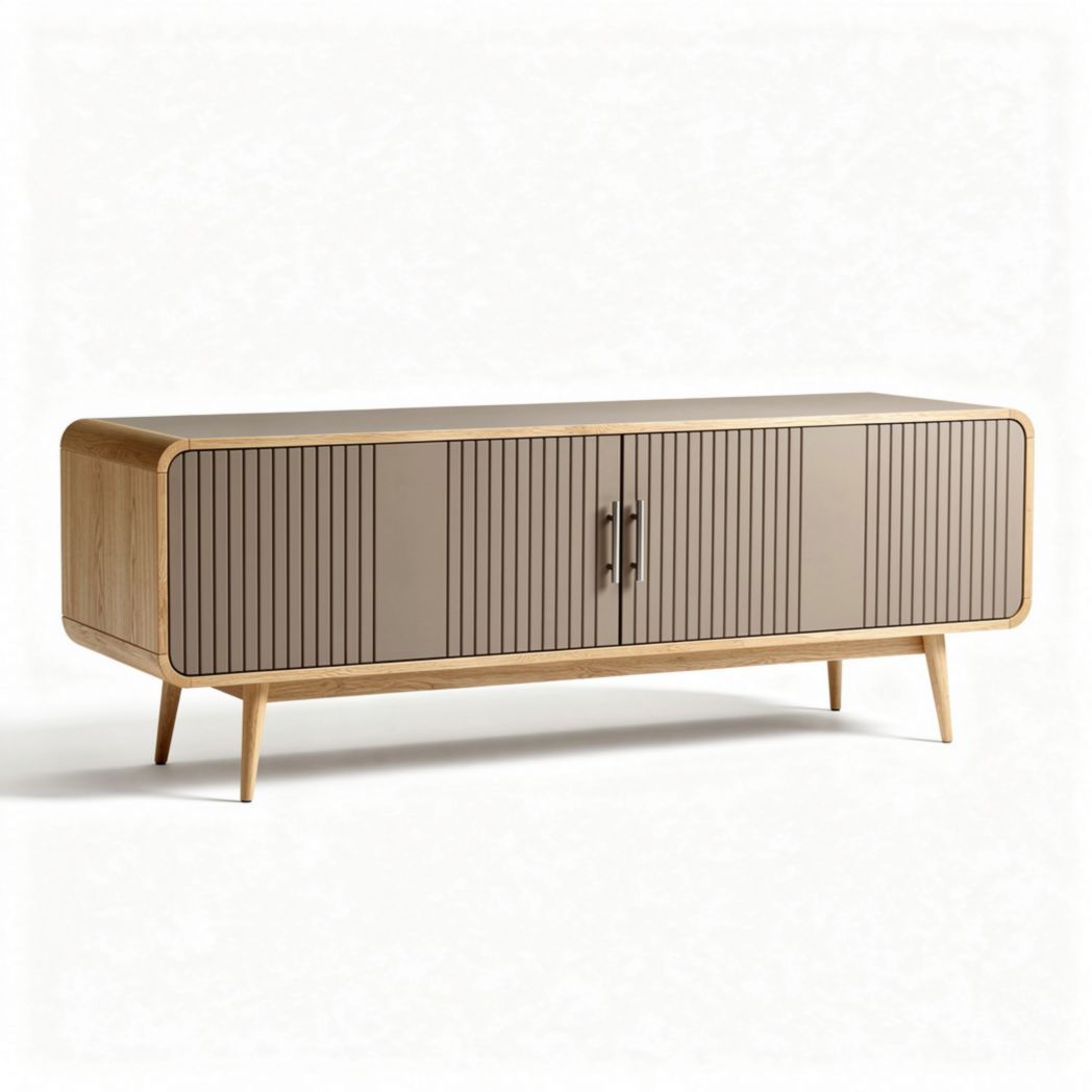 Wooden media console cabinet with sliding doors and tapered legs 150 x 40 x 50cm