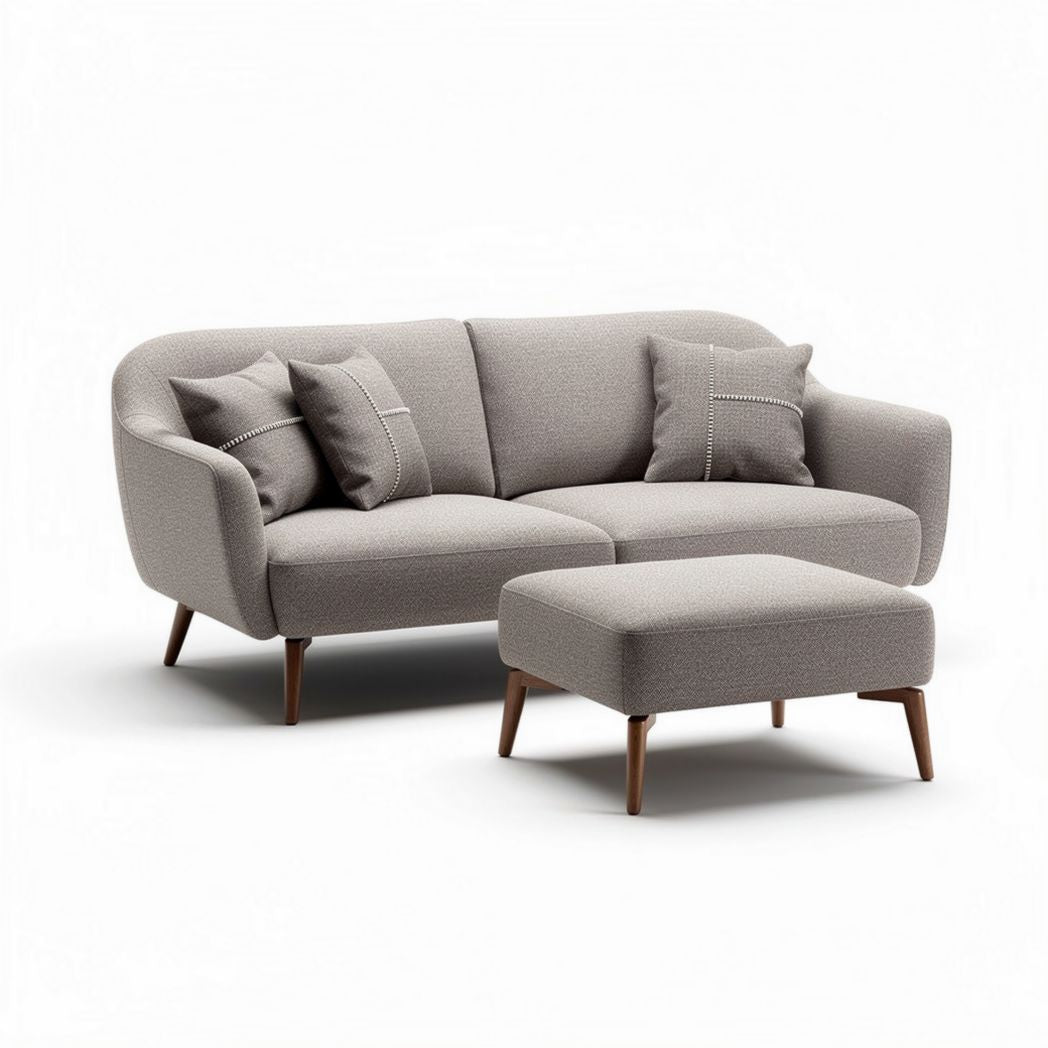 Gray fabric sectional sofa with matching ottoman and cushions 200 x 100 x 75cm