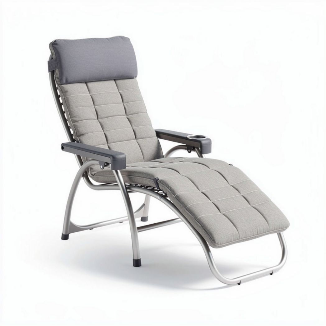 Folding lounge chair with padded gray upholstery and adjustable headrest 160 x 65 x 95cm