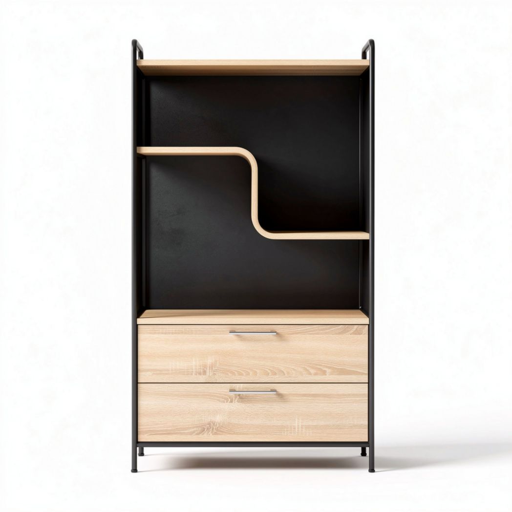 Wooden and metal shelving unit with two drawers and open storage compartments 120 x 60 x 180cm